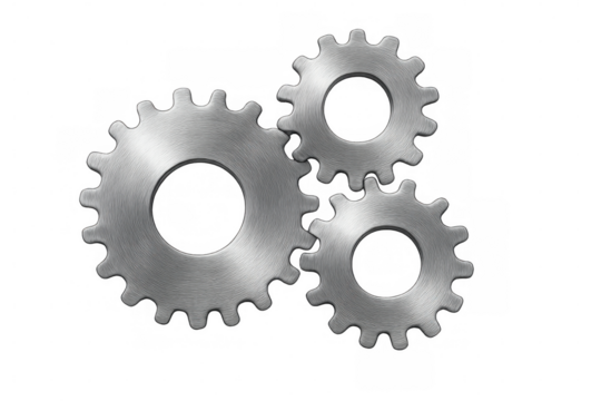 Brushed metal gears interlocking and rotating smoothly on a transparent background, symbolizing teamwork, engineering, and precision
