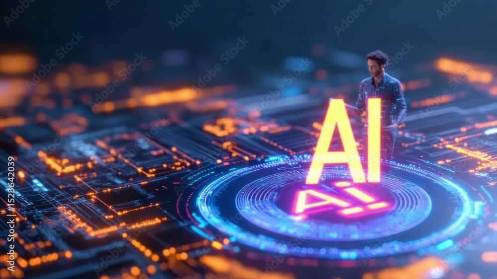 Poster ai visionary: a person stands before a glowing ai sign, symbolizing the cutting-edge technology and 