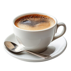 Fototapeta premium Elegant white cup filled with frothy coffee on a matching saucer