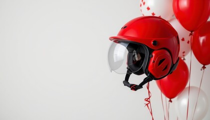Red safety helmet with black visor floating among vibrant red and white balloons in a festive environment