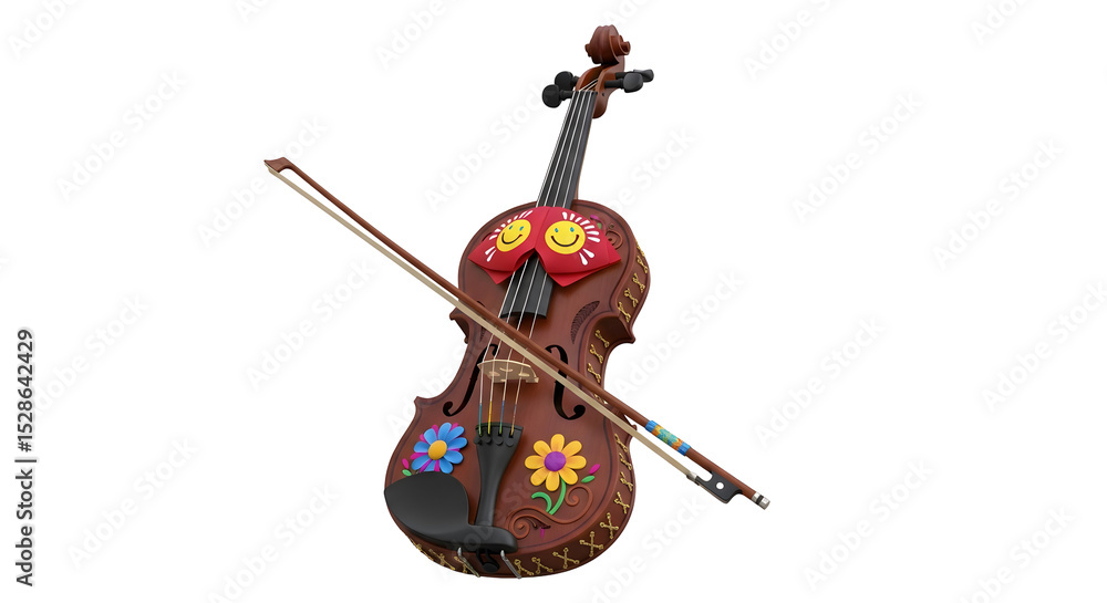 Poster a decorated string instrument with a bow on a transparent black background features vibrant floral p