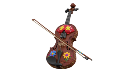 A decorated string instrument with a bow on a transparent black background features vibrant floral patterns and ornamental details adding a festive appearance.