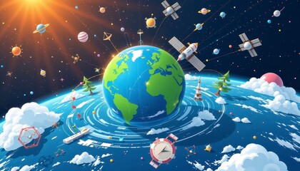 Vibrant Illustration of Earth Surrounded by Planets, Satellites, and Cosmic Elements in a Stunning Space Scene
