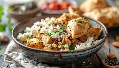Savory Cheese Puff Pastry Bowl with Fresh Herbs and Crumbled Feta Topping