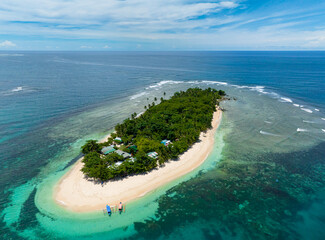 Airborne platforms island with white Beach. San Victor Island. Mindanao, Philippines. Travel and summer concept.