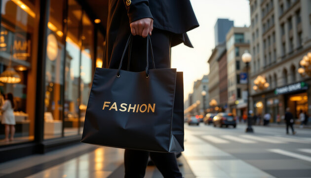 Stylish black shopping tote with word FASHION prominently displayed, held by person fashionable outfit, walking urban setting
