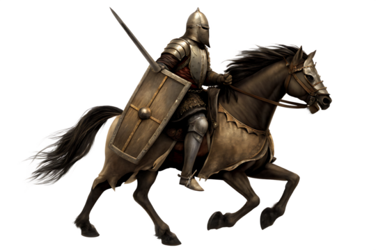 Medieval knight on horseback isolated on a white background png ai generated