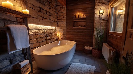 Relaxing Bath in Rustic Bathroom with Stone Walls and Candlelight