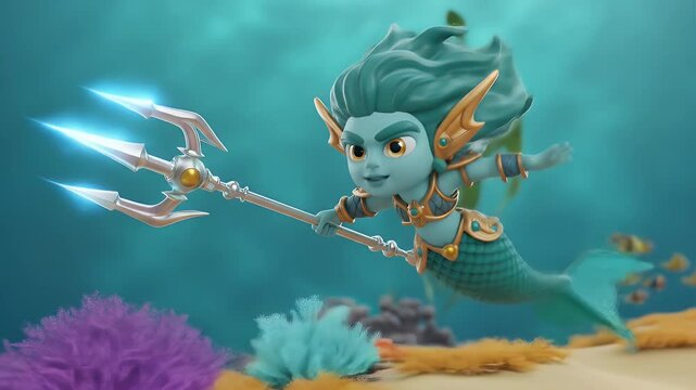 3D Animation of Light Blue Mermaid Character with Glowing Trident Underwater in Full Shot for Visual Effects and Fantasy Themed Projects