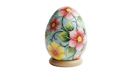 Decorative Egg with Floral Pattern on Transparent Background features colorful floral designs in pink yellow and white against light blue background with wooden stand.