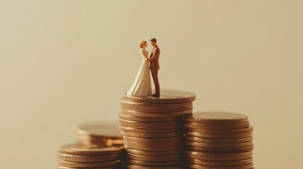 Miniature bride and groom figurines standing on a stack of gold coins, symbolizing wedding finances and expenses.