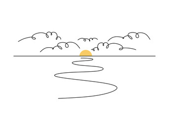 continuous line drawing illustrating a tropical scene with a setting or rising sun near a leaning palm tree, abstract, wavy clouds in the sky