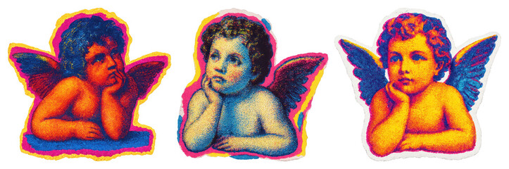Obraz na płótnie Canvas PNG Colorful vintage cherub illustrations, element set on transparent background