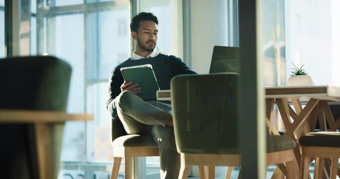 Tablet, computer and business man in office for banking, review account or financial email. Technology, research or worker on internet for investment report, loan or risk assessment with credit score