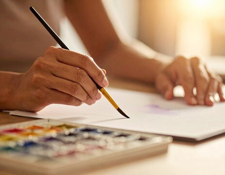 Manos pintando acuarela sobre papel, con pinceles y paleta al lado.