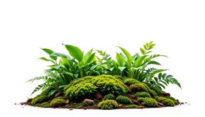 Lush Greenery in a Natural Landscape with Vibrant Plants and Soft Moss on a White Background