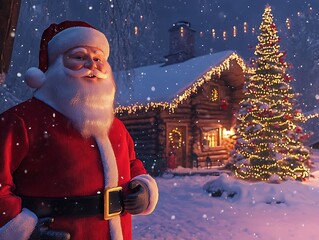 Santa claus near a cabin and christmas tree in falling snow on transparent background