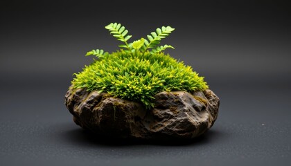 Fresh green moss and delicate fern on a textured stone, showcasing nature's resilience and beauty in a minimalist composition
