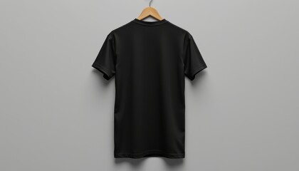 Black T-Shirt Hanging on Wooden Hanger Against Gray Wall for Apparel Display and Fashion Presentation