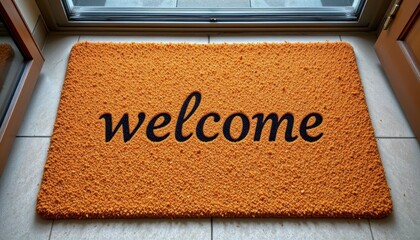 Cozy and Inviting Welcome Mat in Bright Orange Color with Black Text Displaying the Word Welcome at Home Entrance