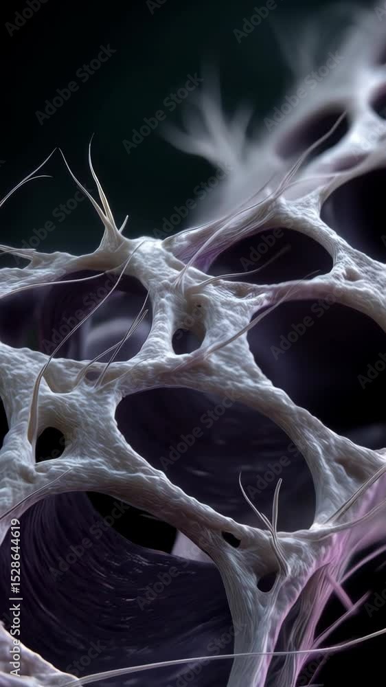Poster microscopic view of textured network of organic material with abstract hollow shapes and branching, 