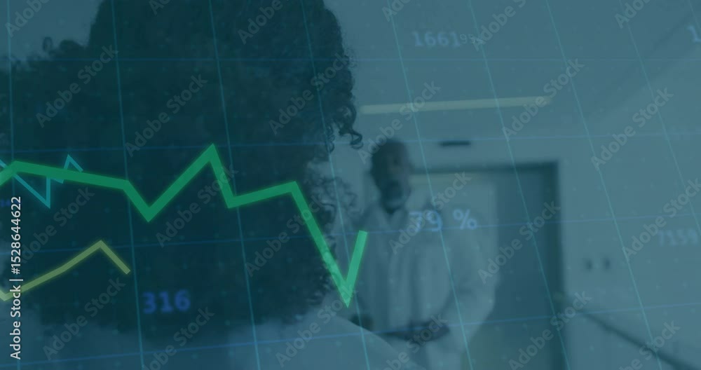 Poster clinician tracking physician approaching hallway with line graphs fading in monitoring patient data
