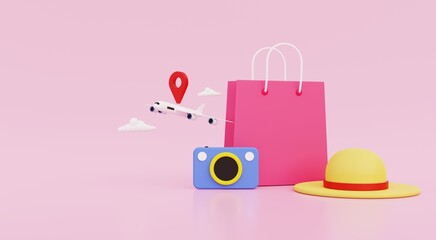 Travel theme with airplane, shopping bags, hat, camera, summer vacation travel invitation concept, 3D illustration.