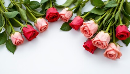 Beautiful arrangement of pink and red roses on a white background for romantic occasions or celebrations