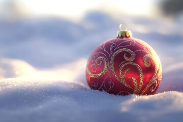 Festive red ornament with gold swirls in fresh white snow on transparent background