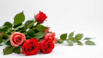 Beautiful arrangement of red and pink roses with green leaves on a white background for elegant floral decoration
