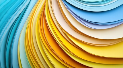 Stacked paint swatches forming half-circular arch pattern with vibrant yellow and light blue palette, cheerful background for home decor, interior design, and painting materials websites. Modern minim