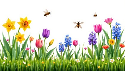 Colorful Spring Flower Garden with Bees and Bright Blooms Under Clear Sky