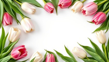 Elegant Arrangement of Pink and White Tulips with Fresh Green Leaves on a Clean White Background