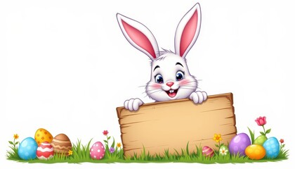 Happy Cartoon Bunny Holding Blank Sign with Colorful Easter Eggs and Flowers in Cheerful Spring Setting