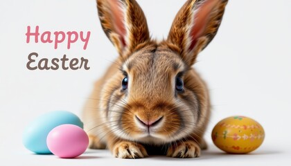 Cute bunny with colorful eggs, celebrating Easter joyfully with pastel colors and happy greetings in a bright and cheerful setting