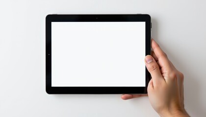 Hand Holding Black Tablet with Blank Screen on White Background for Digital Display or Mockup Usage