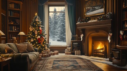 Cozy christmas living room with tree and burning fireplace on transparent background