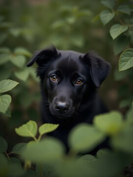A black dog is peeking out from among the leaves