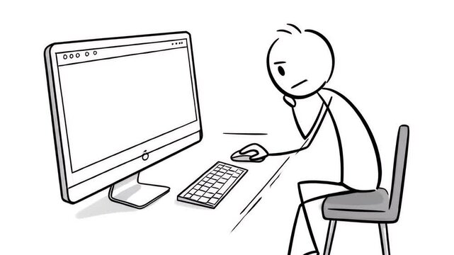 Stick Figure Working at Computer Looks Worried with Sketch Website on Monitor