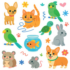 Set of pet illustration, of dogs, birds, fish, and other home animals