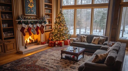 Christmas tree and fireplace in a cozy living room scene on transparent background