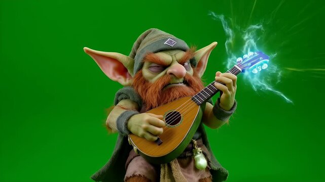 3D Render of Green Goblin Playing Lute with Magical Effect Isolated on Green Screen at Eye Level for Gaming Asset Visual Effects