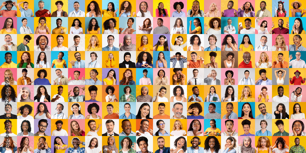 Poster a vibrant collection of portraits features people from various backgrounds smiling and expressing di