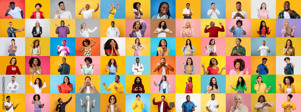 Poster A collection of portraits features a multiethnic group showcasing a range of expressions and activities. The backdrop colors create a lively atmosphere, highlighting the beauty of diversity.