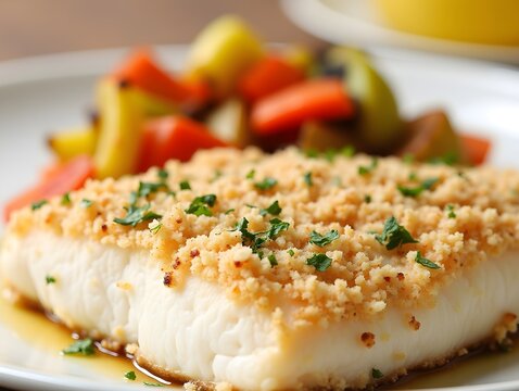 Almond-Crusted Fish Delicate fish fillet with a crunchy almond crust, served with a side of roasted vegetables, offering a perfect blend of texture and flavor.