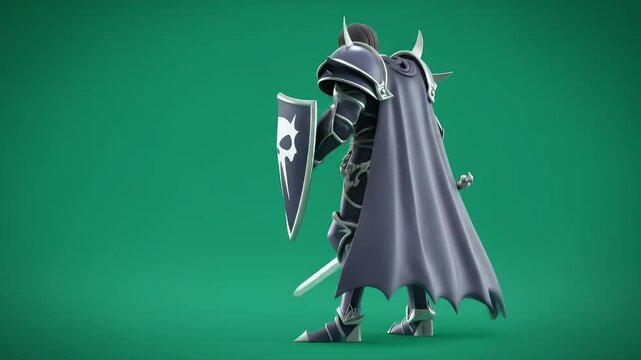 3D Render of Human Knight in Dark Armor Holding a Sword and Shield Isolated on Green Screen Side View Idle Position for VFX RPG and Game Assets