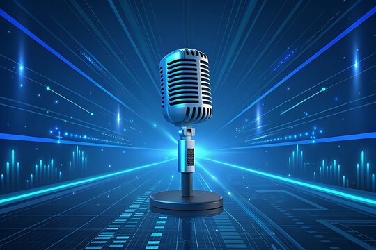Retro microphone on futuristic digital background for podcast or broadcast
