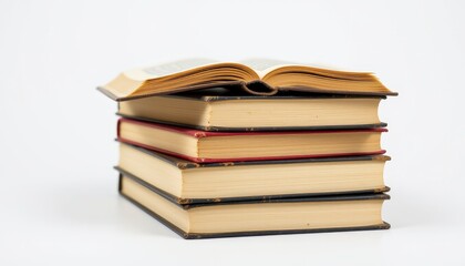 Stack of Antique Books with Open Pages Showcasing Vintage Literature on a Clean White Background