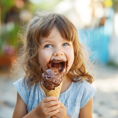 Happy Little Girl Enjoying Chocolate Ice Cream on a Sunny Day