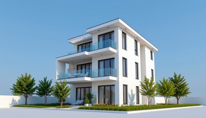 Fototapeta premium Modern Two-Story House with Glass Balconies and Green Landscape in Bright Blue Sky